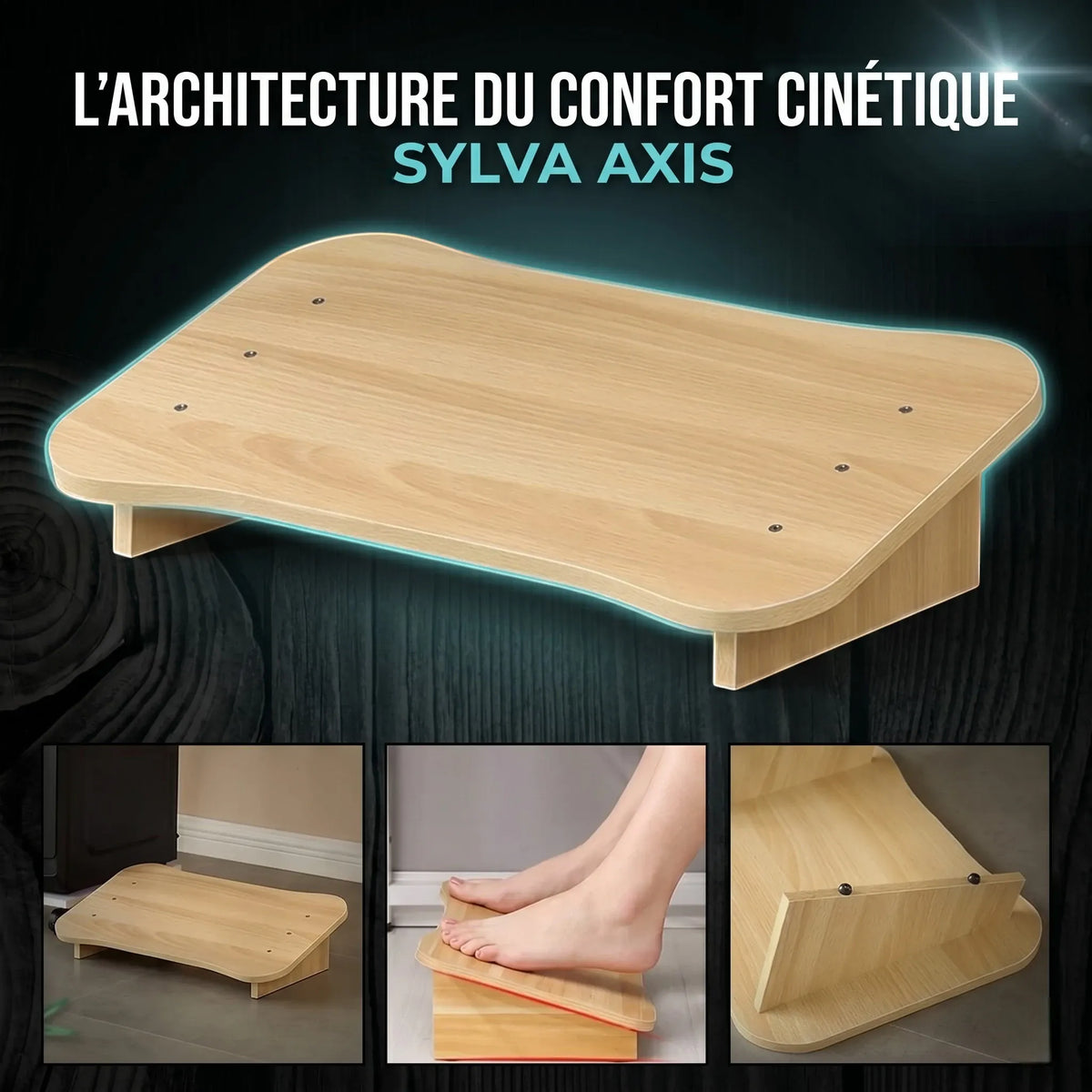 Détails de l'architecture cinétique du Sylva Axis montrant l'appui des pieds nus pour une décompression lombaire et un confort postural optimal.