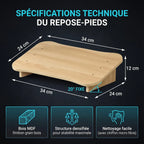 Spécifications techniques du repose-pieds ergonomique Sylva Axis : dimensions 34x24x12 cm, inclinaison fixe de 20° et structure en bois MDF.