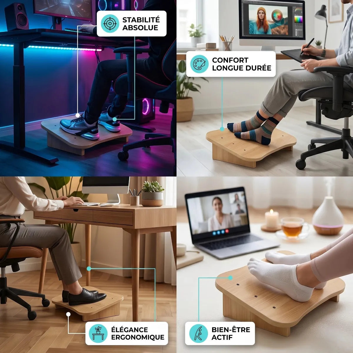Scénarios d'usage du repose-pieds Sylva Axis : stabilité pour le gaming, confort longue durée pour les créatifs et élégance pour le home-office.