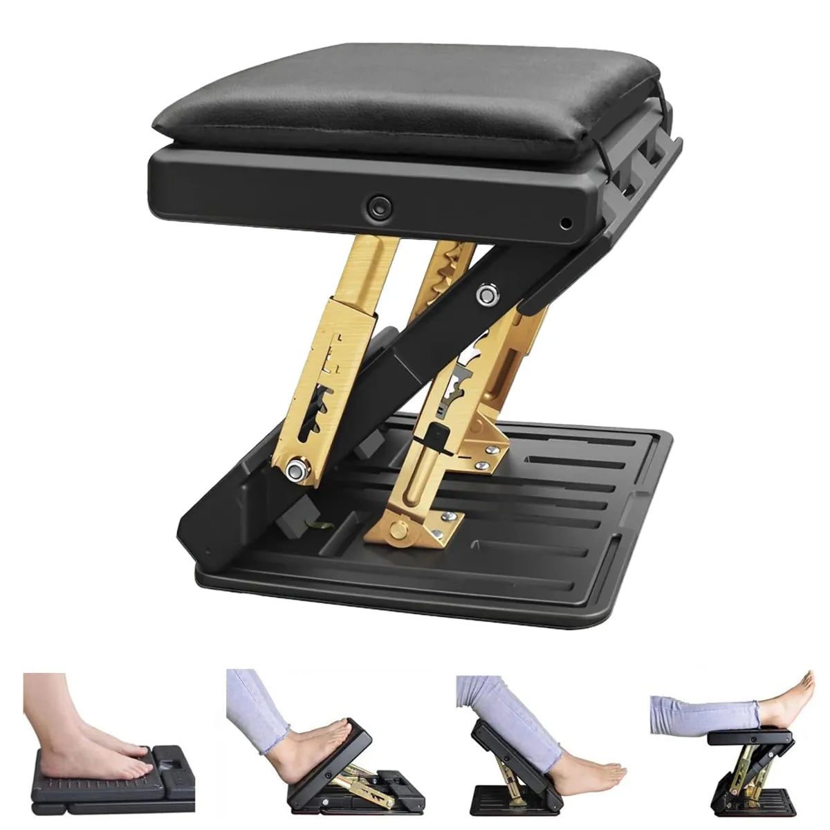 Photo principale du repose-pieds ergonomique Titan Step en acier et polymère. Présentation de la structure articulée or et noire, du coussin en simili-cuir et de la base rainurée. Les vignettes montrent les différentes positions réglables pour les pieds et les jambes, pour une meilleure posture et circulation.