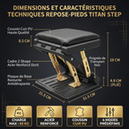 Dimensions détaillées et caractéristiques techniques du repose-pieds Titan Step en acier et polymère.