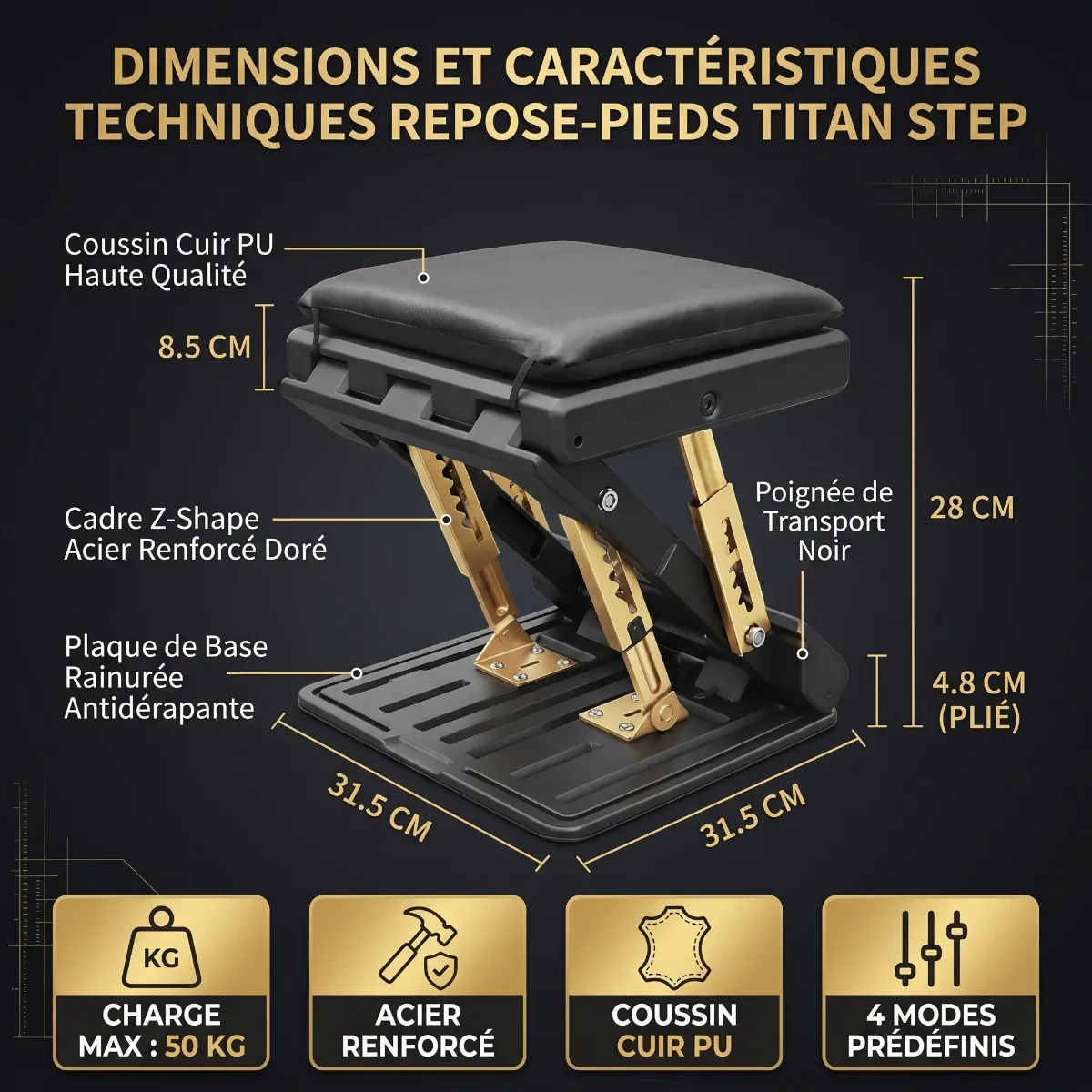 Dimensions détaillées et caractéristiques techniques du repose-pieds Titan Step en acier et polymère.