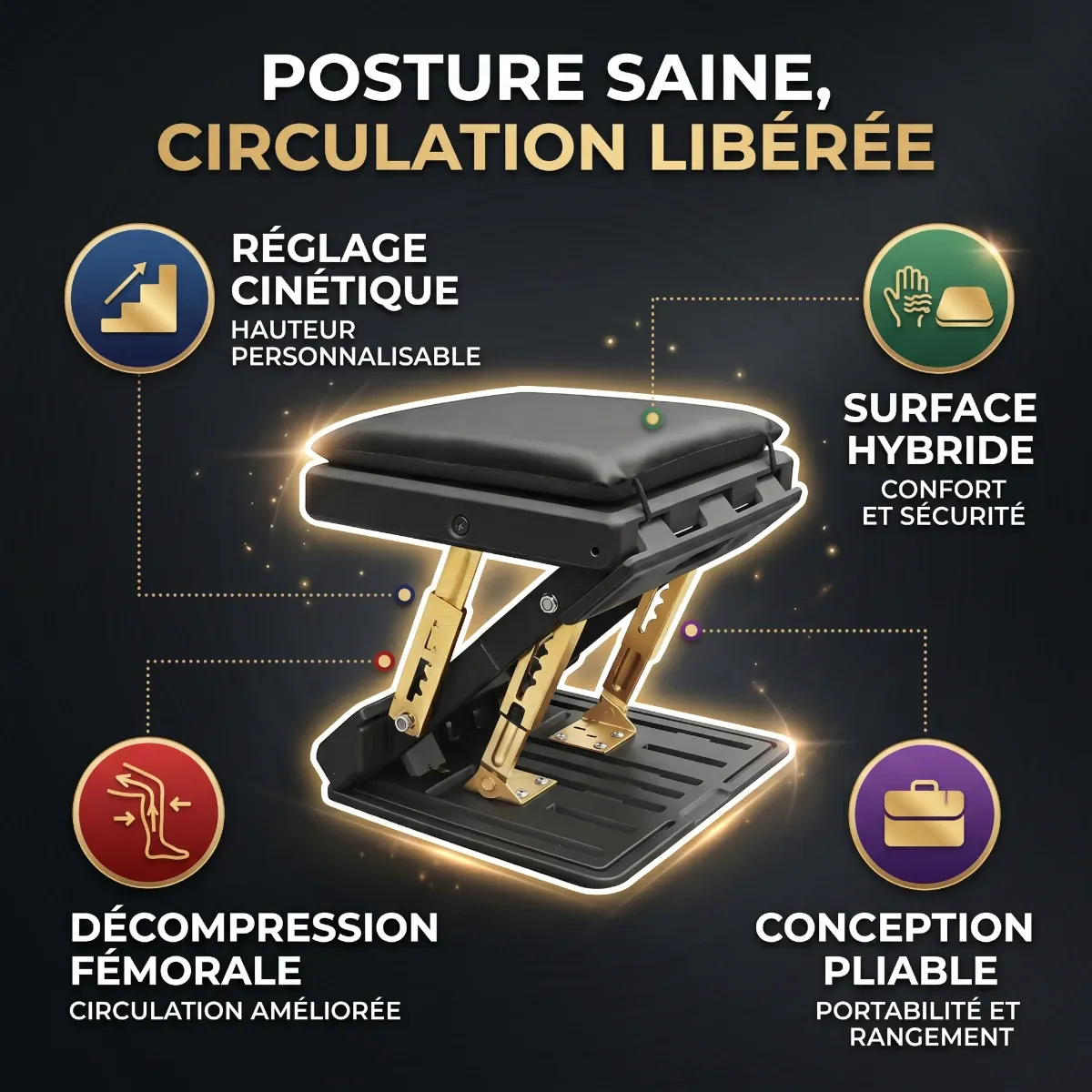 Infographie des bénéfices santé du Titan Step : décompression fémorale, réglage cinétique et circulation libérée.
