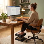Mise en situation du repose-pieds ergonomique Titan Step dans un bureau cosy pour une posture de travail saine.
