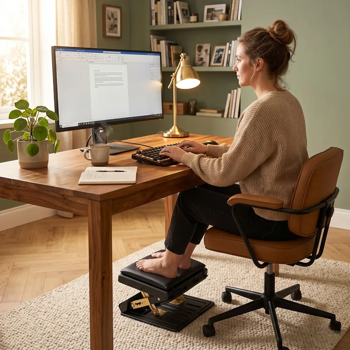 Mise en situation du repose-pieds ergonomique Titan Step dans un bureau cosy pour une posture de travail saine.