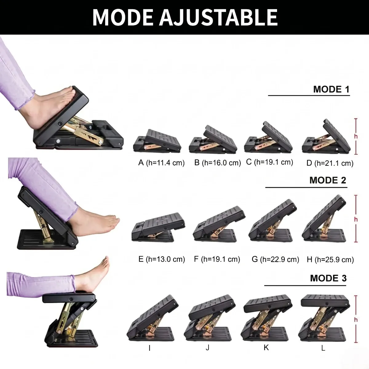 Guide des modes de réglage en hauteur et inclinaison du repose-pieds réglable Titan Step pour un confort sur mesure.