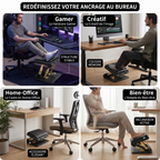 Scénarios d'usage du repose-pieds Titan Step pour gamer, créatif et cadre en home-office favorisant le dynamisme actif.