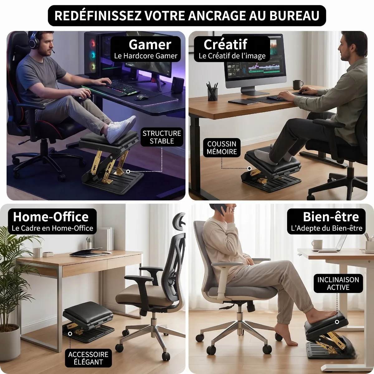 Scénarios d'usage du repose-pieds Titan Step pour gamer, créatif et cadre en home-office favorisant le dynamisme actif.