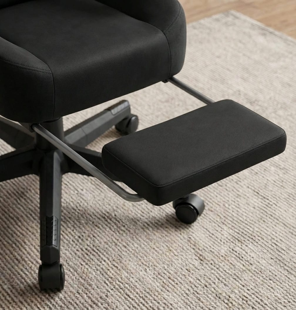 Zoom sur le repose-pieds rétractable et rembourré de la chaise ergonomique GTPLAYER.