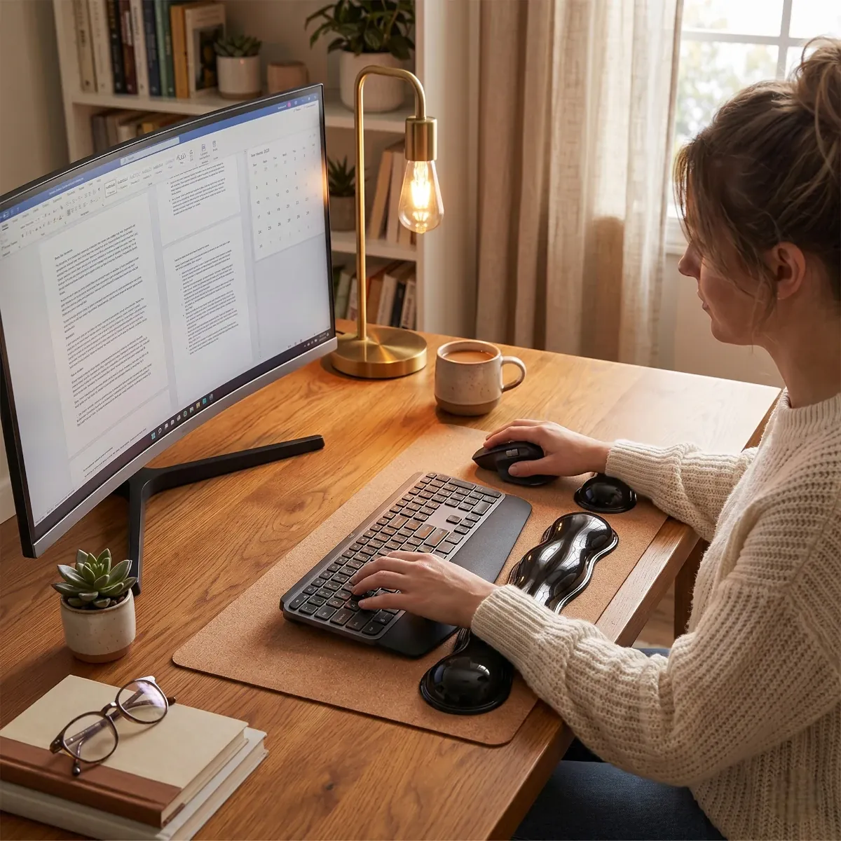 Mise en scène du repose-poignet clavier / souris Crystal Rest Pro (Finition Transparente) dans un bureau à domicile confortable, avec une personne travaillant sur un clavier et une souris.