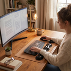 Mise en scène du repose-poignet clavier / souris Crystal Rest Pro (Finition Transparente) dans un bureau à domicile confortable, avec une personne travaillant sur un clavier et une souris.