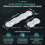 Fiche technique produit pour le repose-poignet clavier / souris Crystal Rest Pro (Finition Transparente) avec dimensions et caractéristiques clés (alignement ergonomique, gel de silicone premium).
