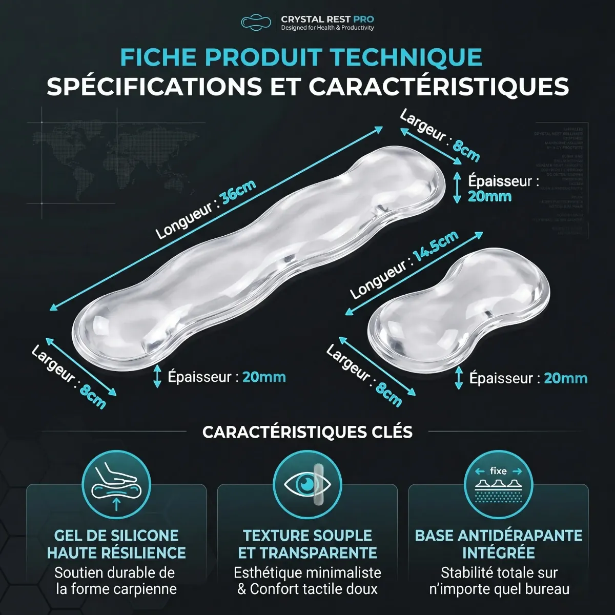Fiche technique produit pour le repose-poignet clavier / souris Crystal Rest Pro (Finition Transparente) avec dimensions et caractéristiques clés (alignement ergonomique, gel de silicone premium).