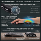 Infographie produit pour le repose-poignet clavier / souris Crystal Rest Pro (Finition Transparente) mettant en avant l'alignement carpien neutre, le gel résilient, la base antidérapante et le confort de frappe.