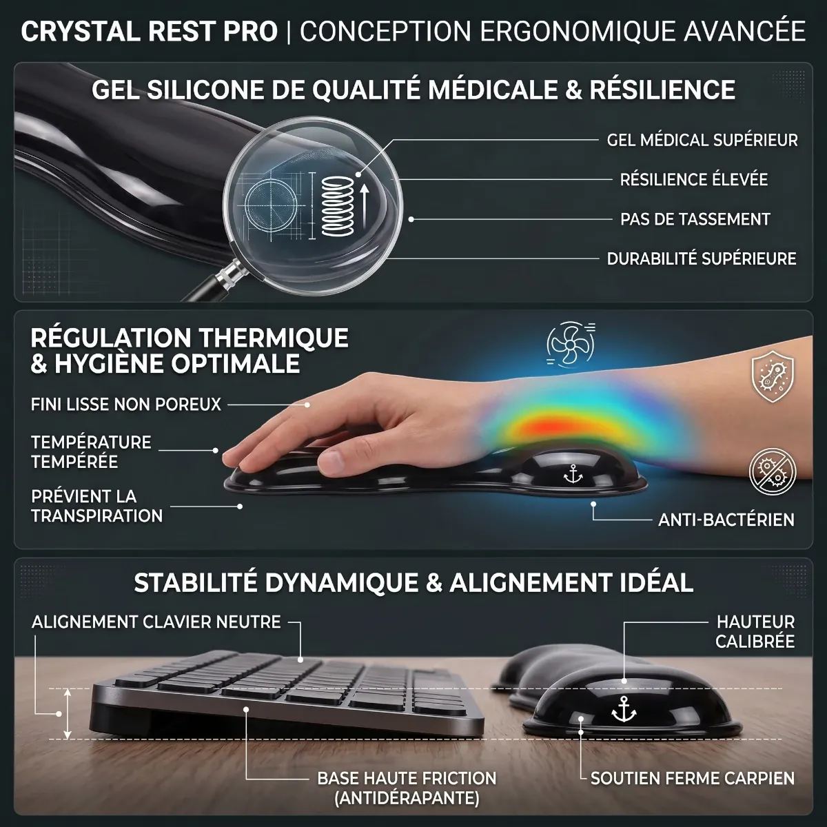 Infographie produit pour le repose-poignet clavier / souris Crystal Rest Pro (Finition Transparente) mettant en avant l'alignement carpien neutre, le gel résilient, la base antidérapante et le confort de frappe.