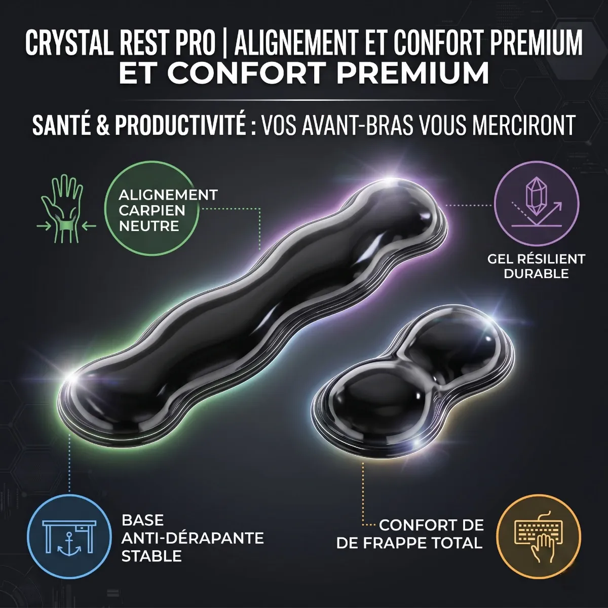 Infographie technique montrant les bénéfices ergonomiques du repose-poignet clavier / souris Crystal Rest Pro (Finition Transparente) : gel de silicone résilient, régulation thermique, alignement idéal.