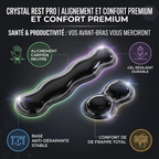 Infographie technique montrant les bénéfices ergonomiques du repose-poignet clavier / souris Crystal Rest Pro (Finition Transparente) : gel de silicone résilient, régulation thermique, alignement idéal.