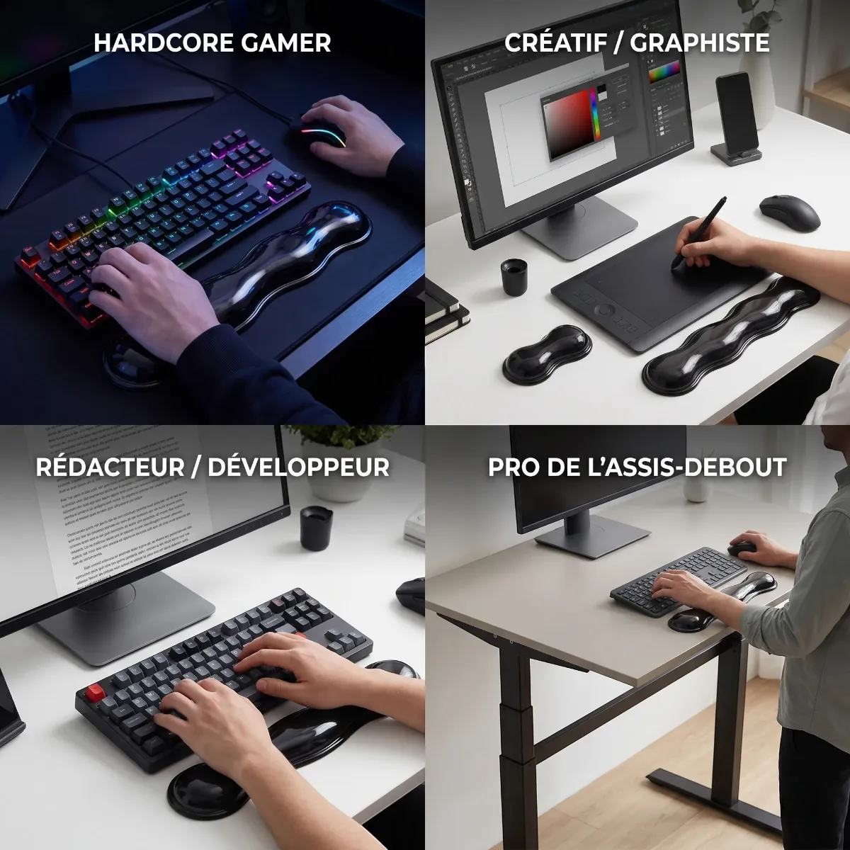 Composite de quatre images montrant l'utilisation du repose-poignet clavier / souris Crystal Rest Pro (Finition Transparente) par différents profils d'utilisateurs : Gamer, Créatif, Rédacteur, Pro.