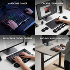 Composite de quatre images montrant l'utilisation du repose-poignet clavier / souris Crystal Rest Pro (Finition Transparente) par différents profils d'utilisateurs : Gamer, Créatif, Rédacteur, Pro.