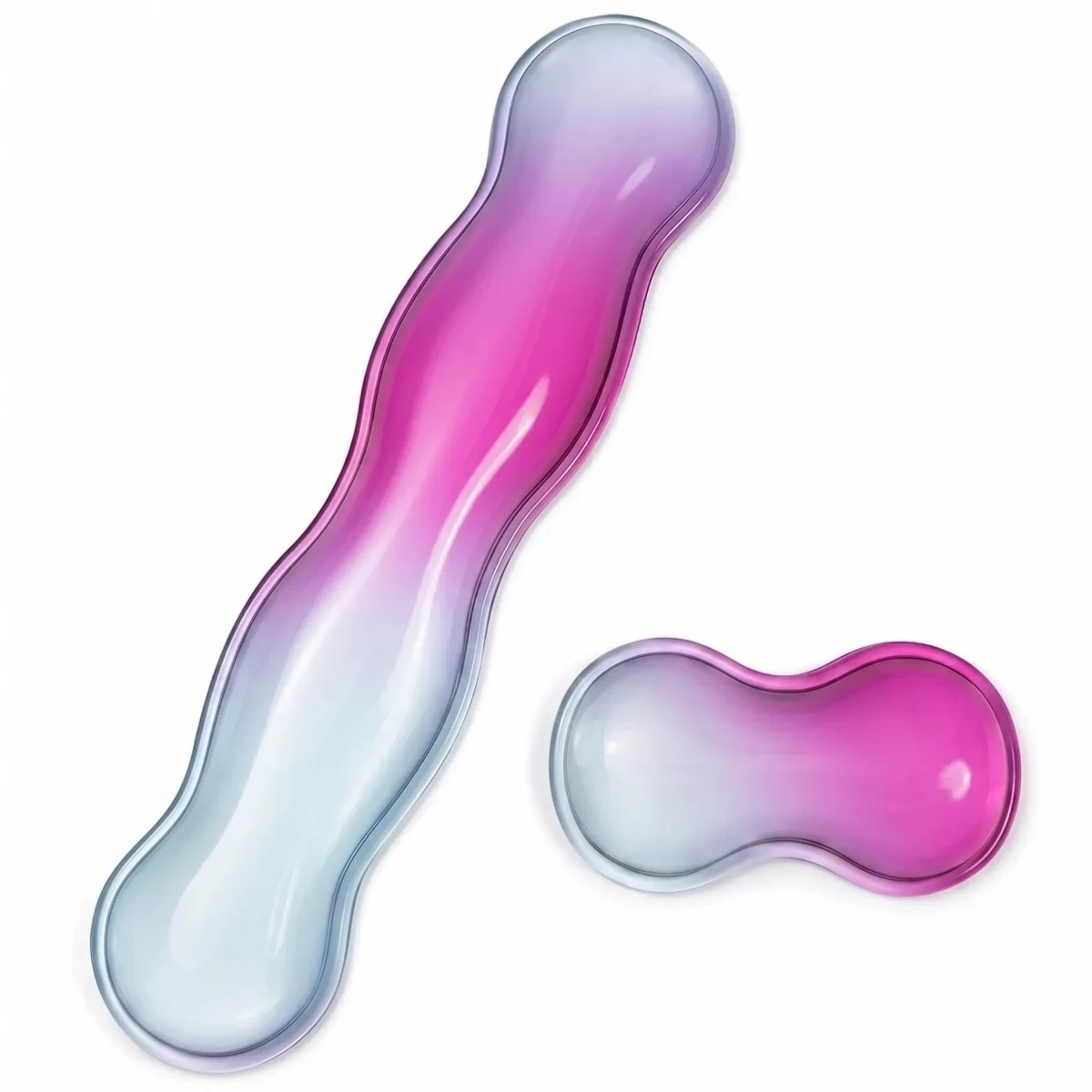 Photo de studio du repose poignet clavier / souris Crystal Rest Pro, finition gel de silicone dégradé bleu et rose pour un poste de travail ergonomique.