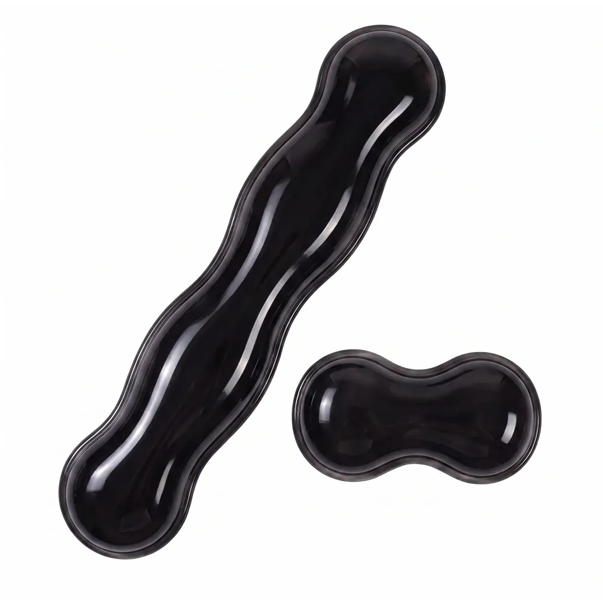 Vue de dessus isolée du repose-poignet clavier / souris Crystal Rest Pro en finition transparente noire, montrant le modèle clavier long et le modèle souris court.