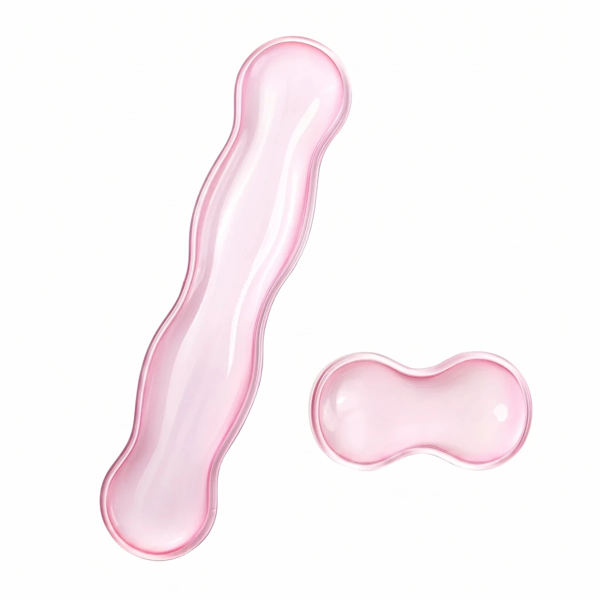 Vue de dessus isolée du repose-poignet clavier / souris Crystal Rest Pro en finition transparente rose, montrant le modèle clavier long et le modèle souris court.