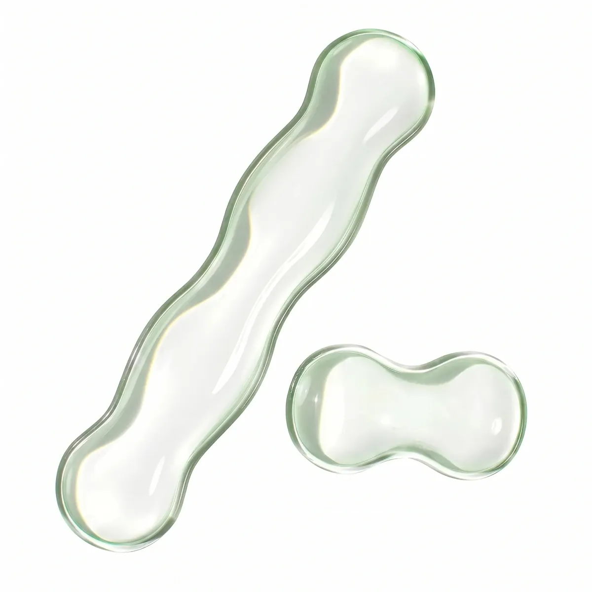 Vue de dessus isolée du repose-poignet clavier / souris Crystal Rest Pro en finition transparente vert d'eau, montrant le modèle clavier long et le modèle souris court.