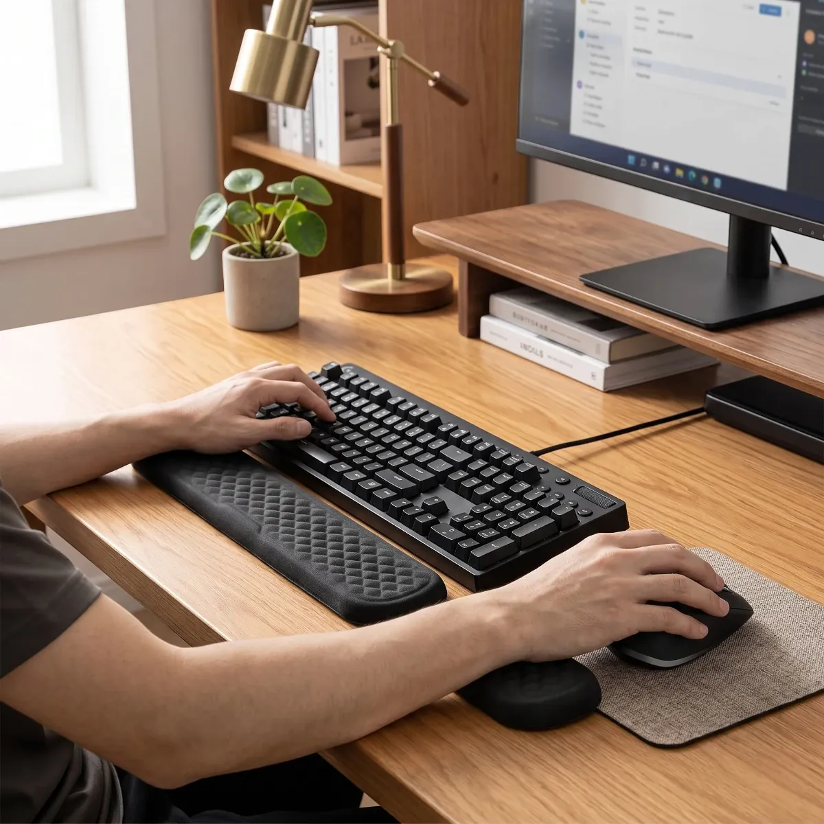 Mise en situation du repose poignet clavier / souris MorphoRest dans un bureau moderne pour prévenir les douleurs du canal carpien.
