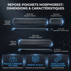 Infographie des dimensions et caractéristiques du repose poignet clavier / souris MorphoRest avec alignement neutre et mousse haute densité.
