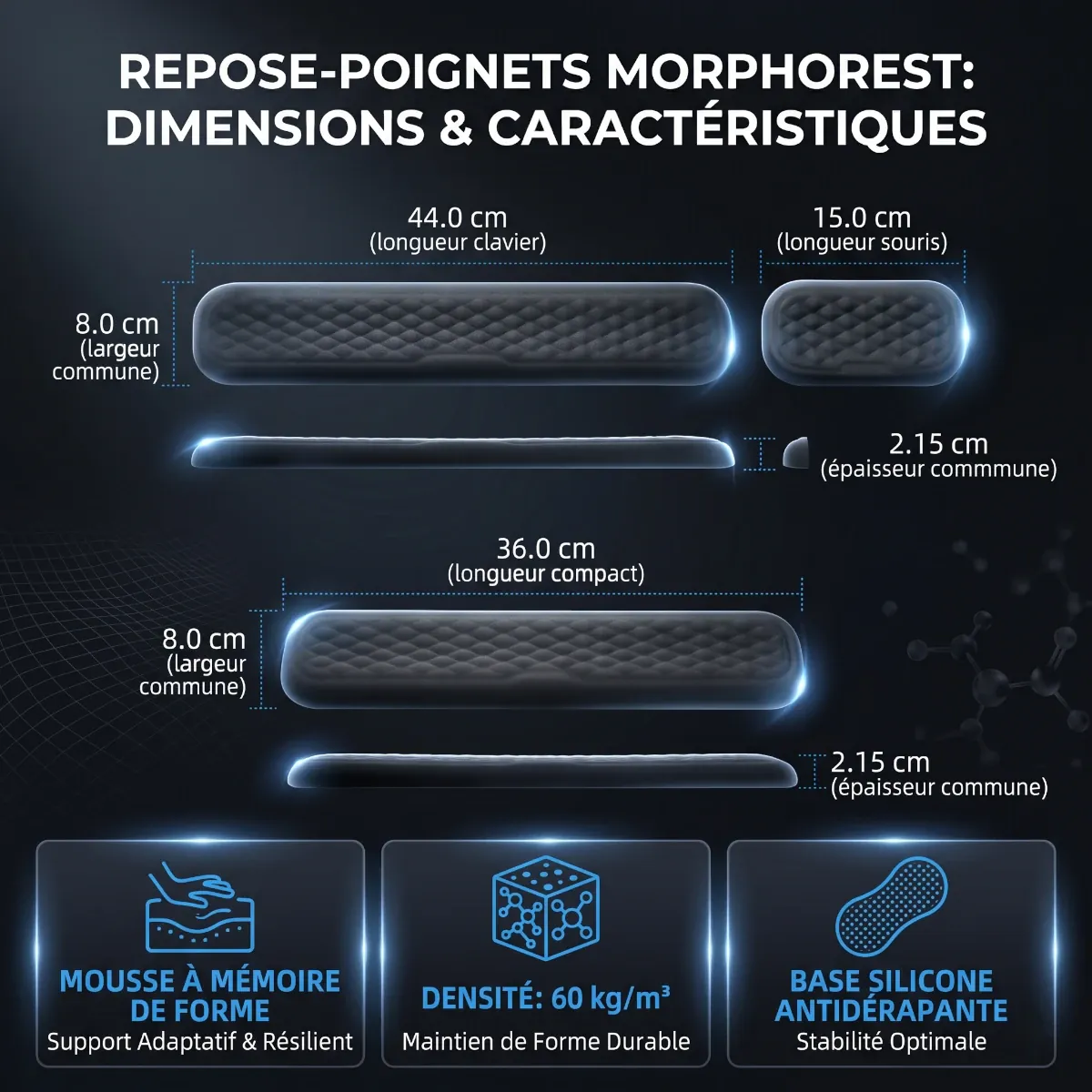 Infographie des dimensions et caractéristiques du repose poignet clavier / souris MorphoRest avec alignement neutre et mousse haute densité.
