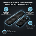 Infographie des bénéfices du repose poignet clavier / souris MorphoRest montrant la mousse haute densité et la base antidérapante.