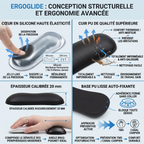 Infographie technique du repose-poignet pour souris ErgoGlide illustrant sa conception structurelle avancée : cœur en silicone haute élasticité déchargeant la pression, revêtement en cuir PU imperméable et anti-transpiration, épaisseur de 20 mm pour l'alignement bras-poignet et base en PU antidérapante prévenant le syndrome du canal carpien et les TMS.