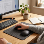 Gros plan sur une main utilisant une souris avec le repose-poignet ErgoGlide noir, sur un tapis de souris en feutre, dans un bureau à domicile confortable.