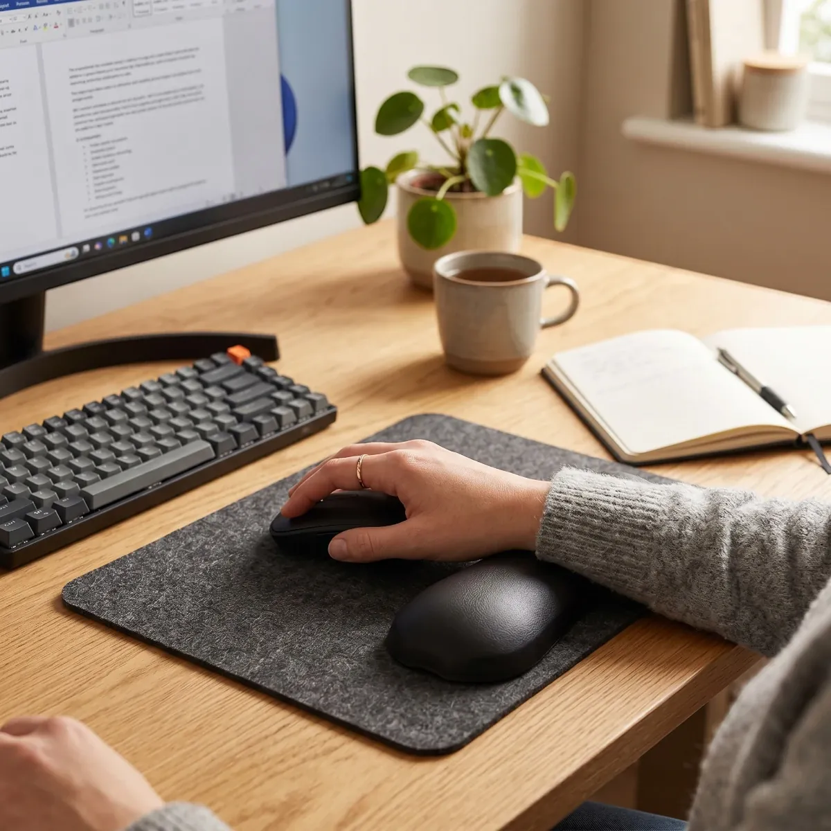 Gros plan sur une main utilisant une souris avec le repose-poignet ErgoGlide noir, sur un tapis de souris en feutre, dans un bureau à domicile confortable.