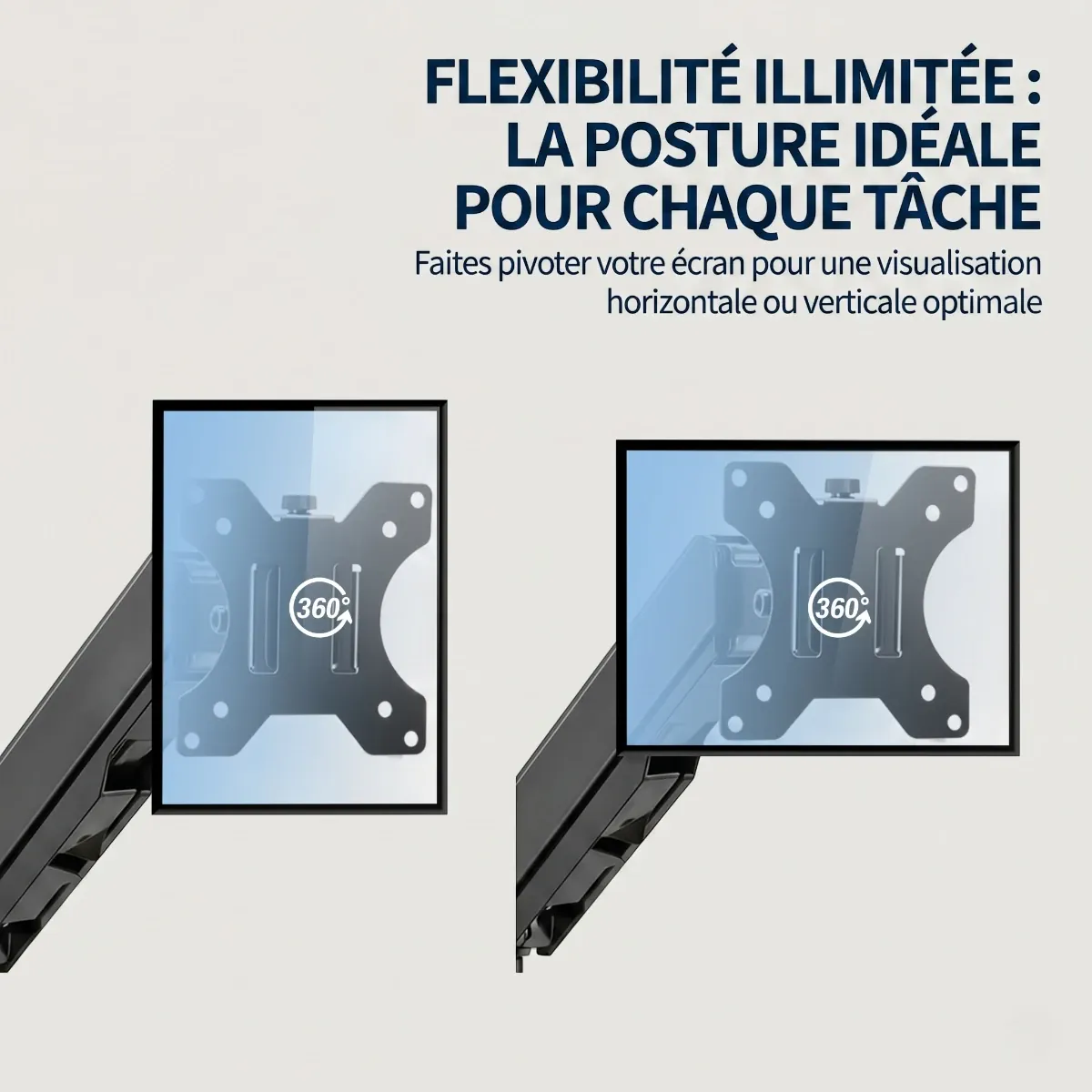 Schéma technique de la rotation à 360 degrés du support AeroFlex pour basculer l'écran en mode portrait ou paysage.