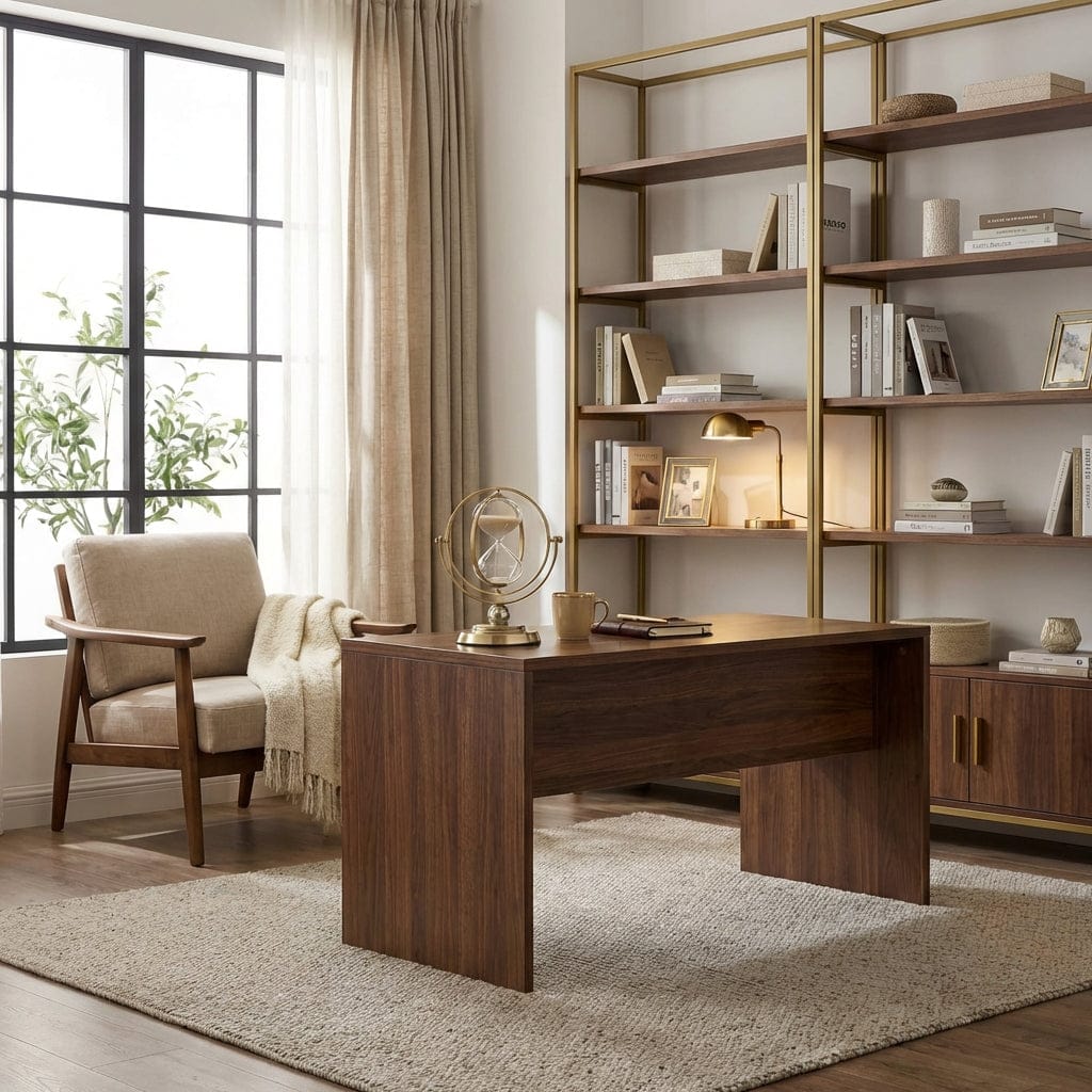 Vue d'ensemble d'un bureau moderne élégant avec le Sablier AETERNA posé comme pièce maîtresse.