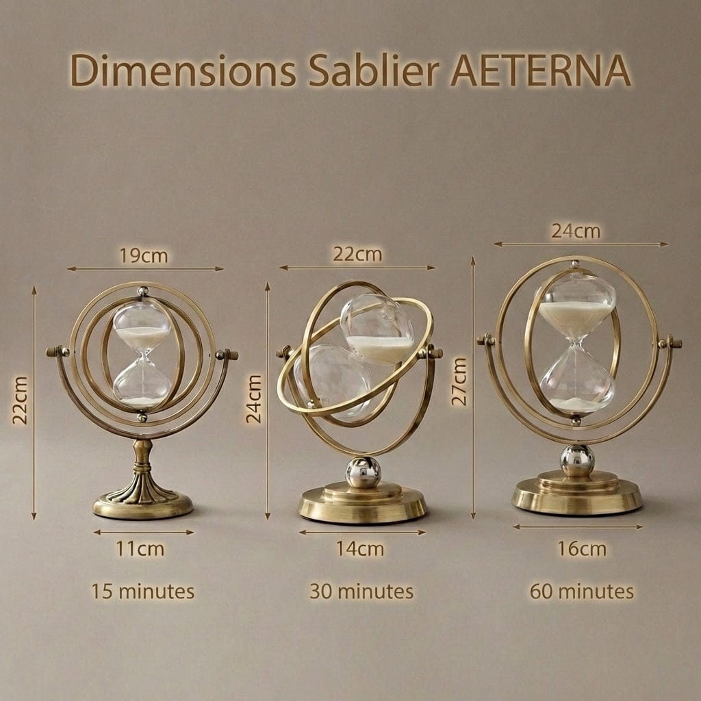 Comparatif des dimensions du Sablier AETERNA en versions 15, 30 et 60 minutes avec mesures détaillées.
