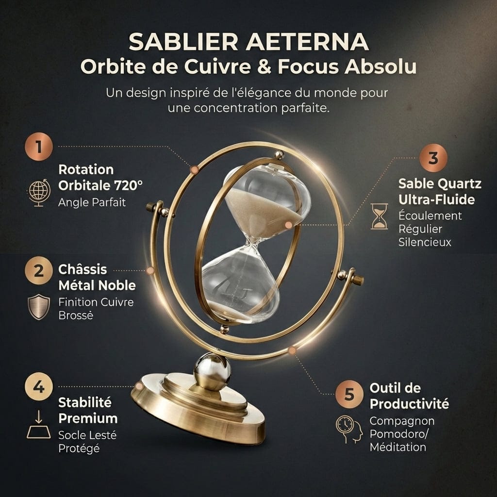Infographie détaillée du Sablier AETERNA : Orbite de Cuivre, rotation 720° et sable de quartz ultra-fluide.