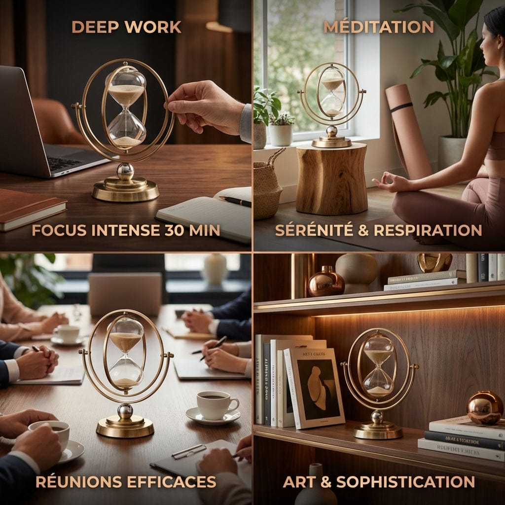 Guide d'utilisation du Sablier AETERNA pour le Deep Work, la méditation, les réunions et la décoration.