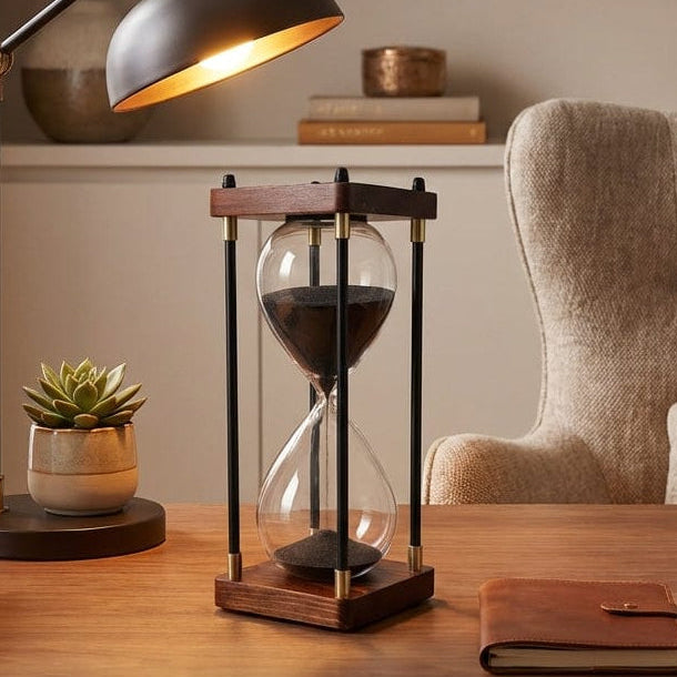 Sablier EORA posé sur un bureau en bois à côté d'une lampe pour une ambiance de travail sereine.