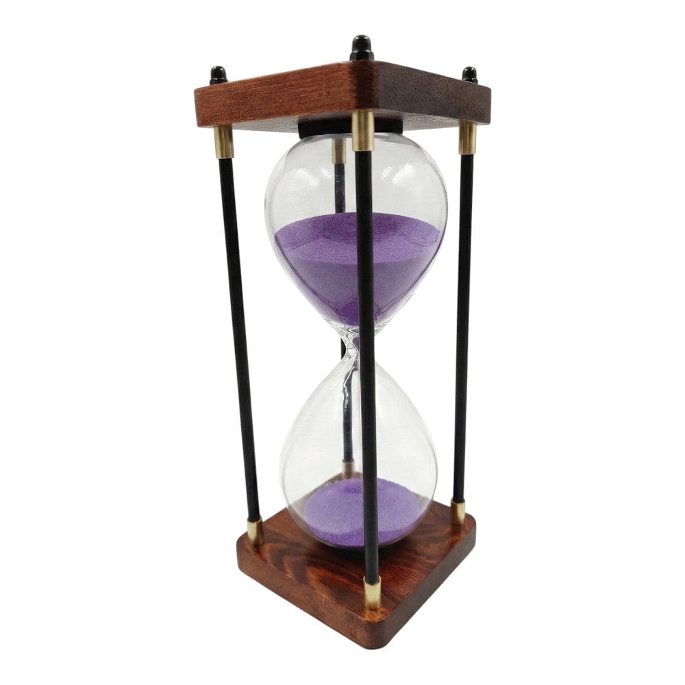 Sablier EORA haut de gamme avec sable violet et structure en bois précieux.