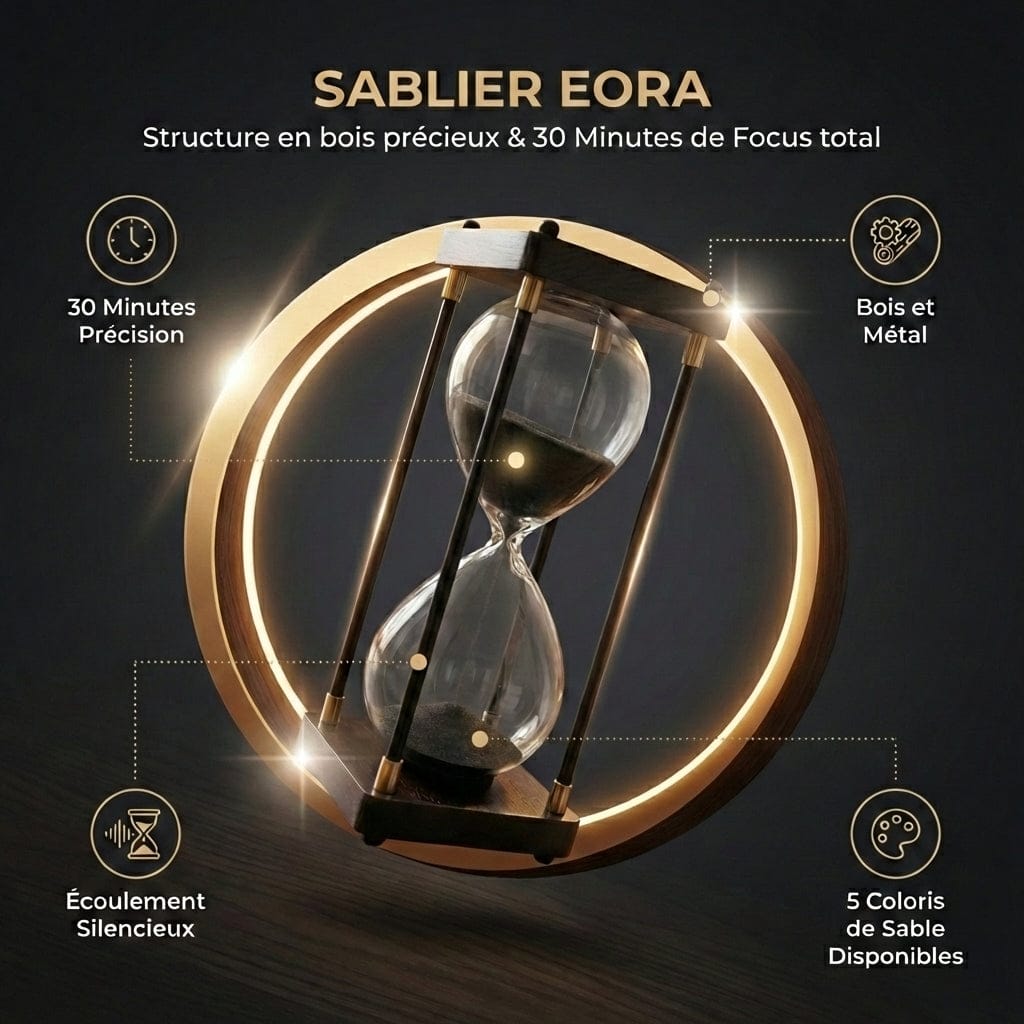 Infographie du Sablier EORA : structure bois précieux, 30 minutes de précision et 5 coloris de sable.
