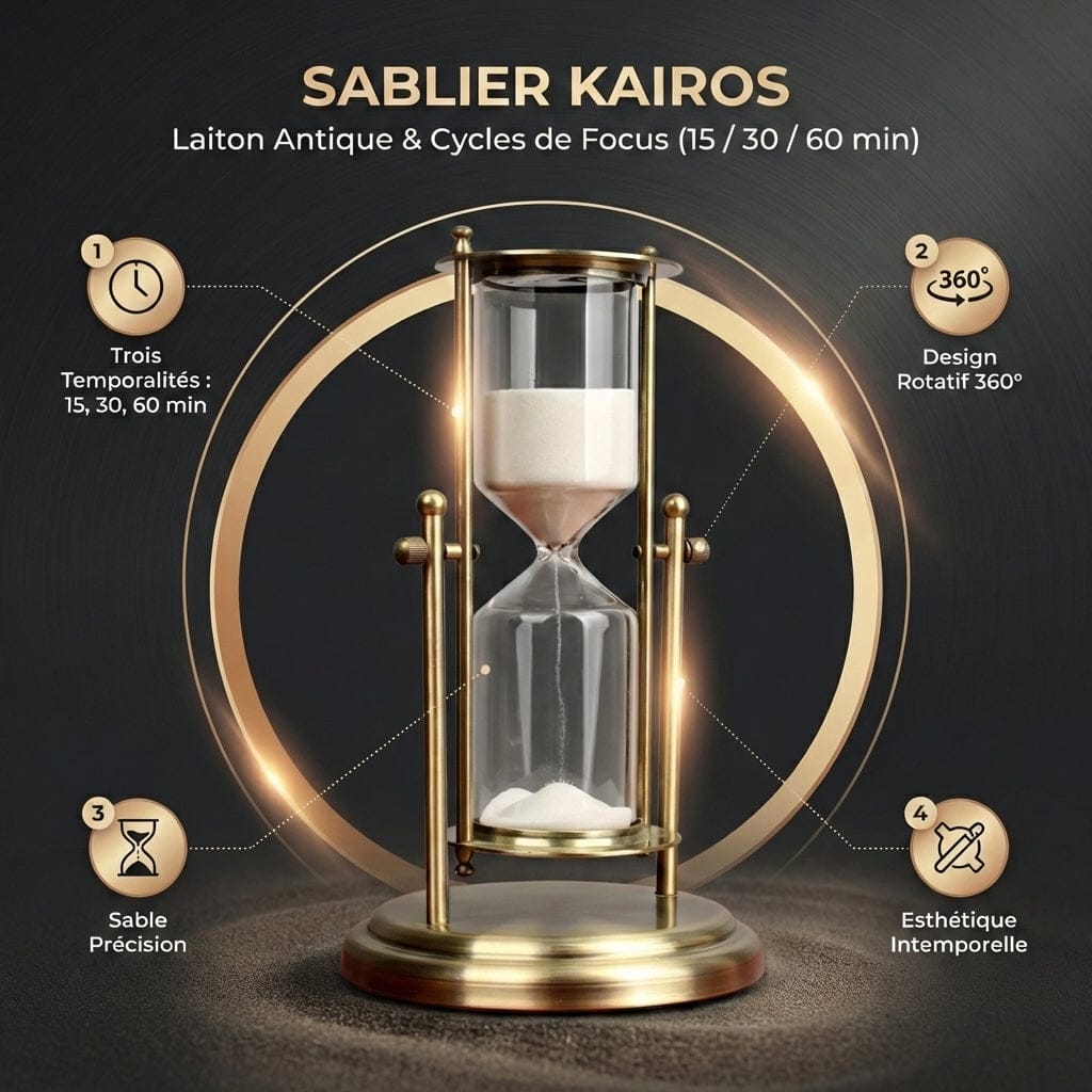 Infographie des caractéristiques du sablier KAIROS : laiton antique, sable de précision et design rotatif.