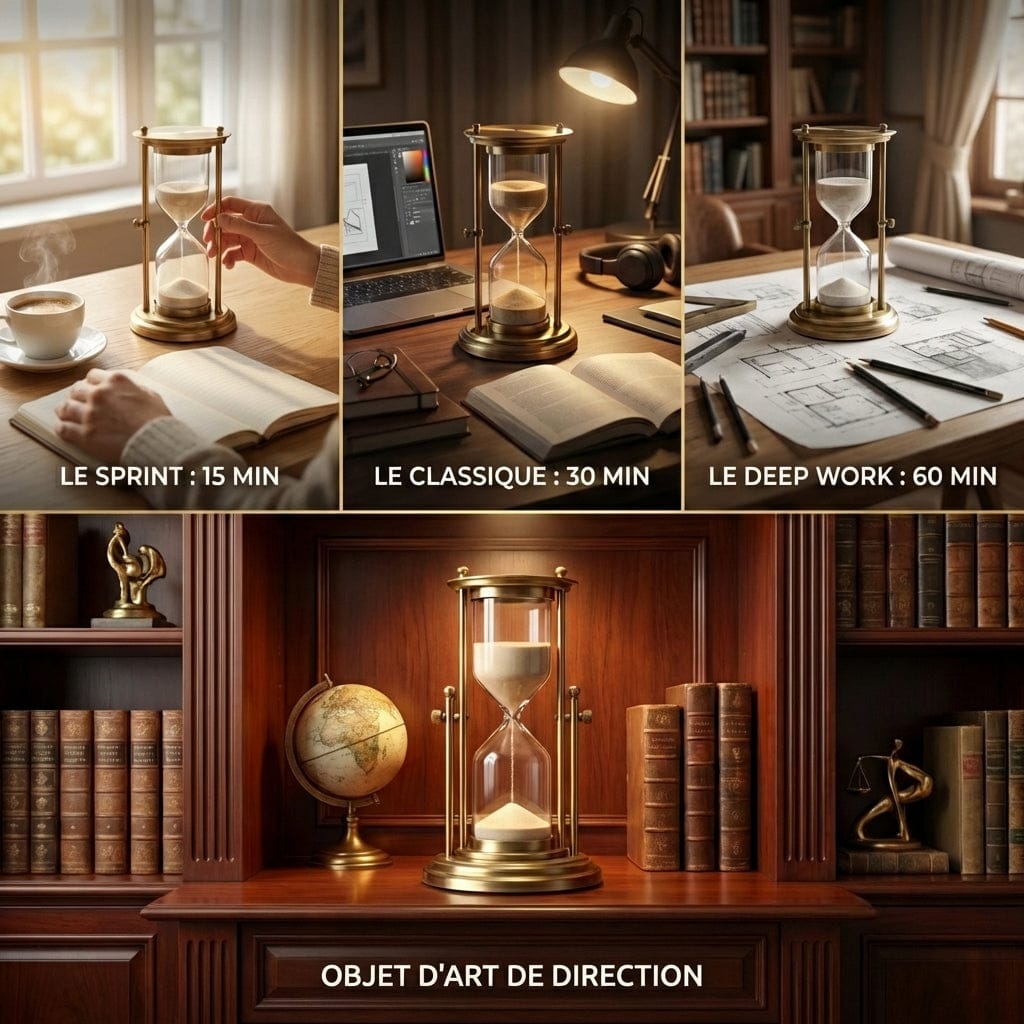 Utilisation du sablier KAIROS pour le Deep Work et la méthode Pomodoro (15, 30, 60 min).