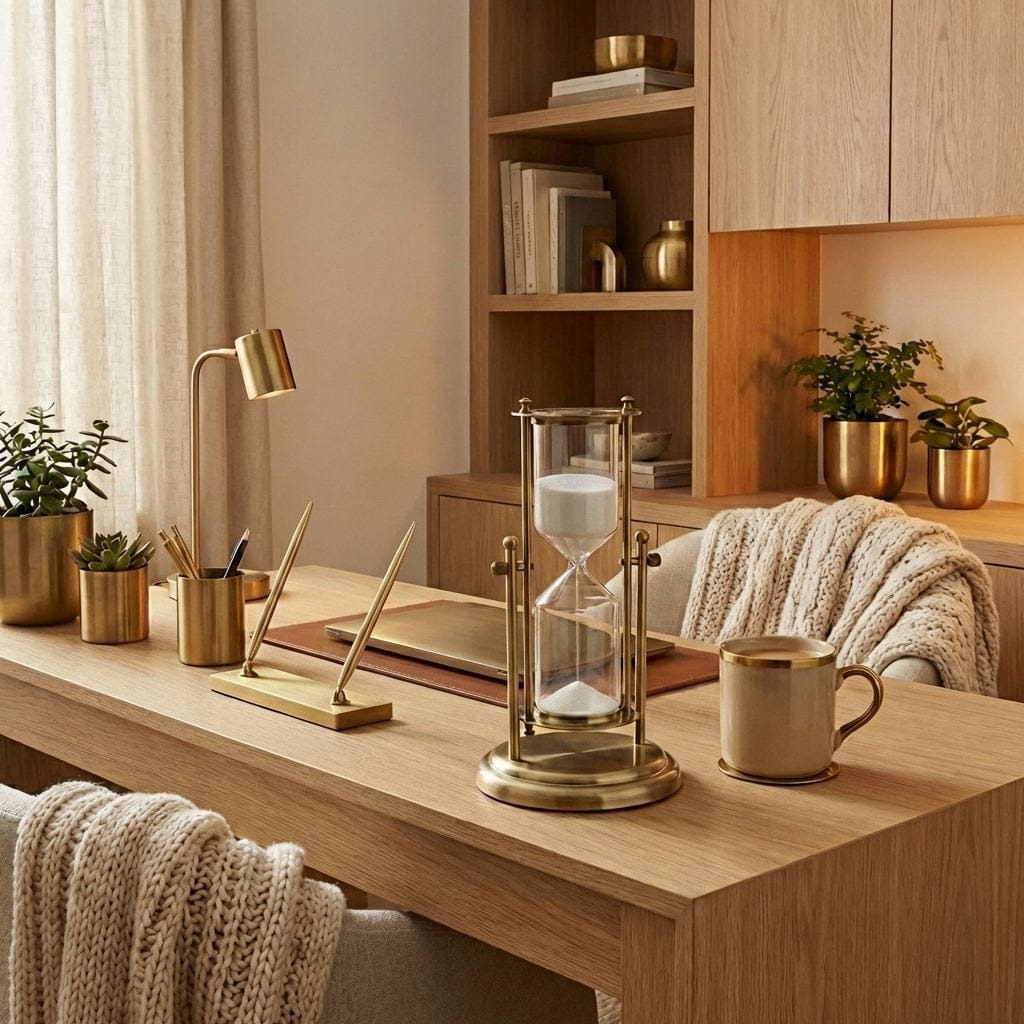 Mise en situation élégante du sablier KAIROS dans un espace de travail inspirant et productif.