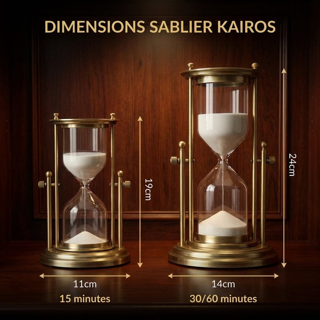 Guide des dimensions des sabliers KAIROS pour les cycles de focus de 15, 30 et 60 minutes.