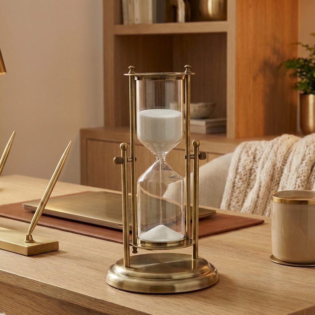 Gros plan sur le sablier KAIROS en laiton antique posé sur un bureau en bois clair.