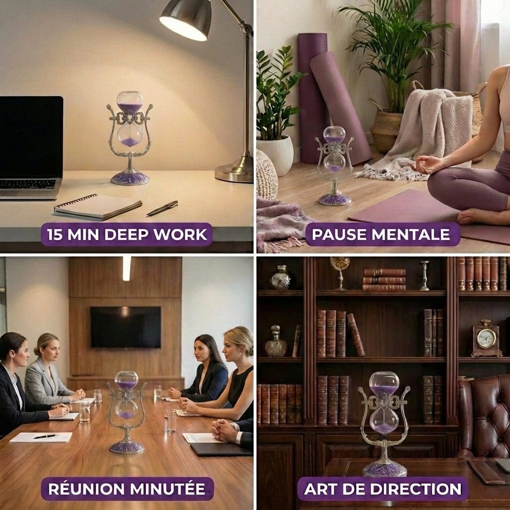 Mise en situation du Sablier LYRA 15 Minutes : Deep Work, pause mentale, réunion et direction.