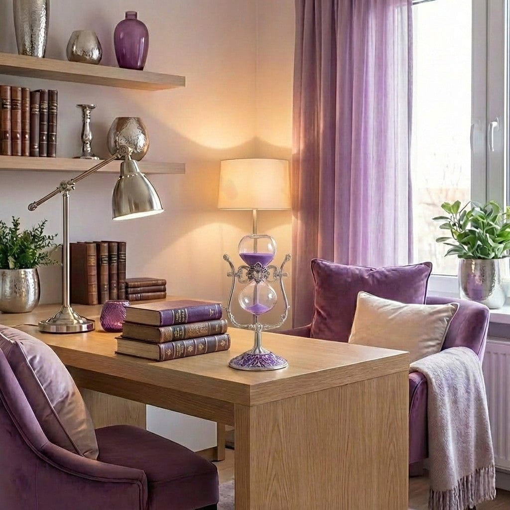 Sablier LYRA 15 Minutes et décoration intérieure harmonieuse dans les tons violets pour un focus absolu.