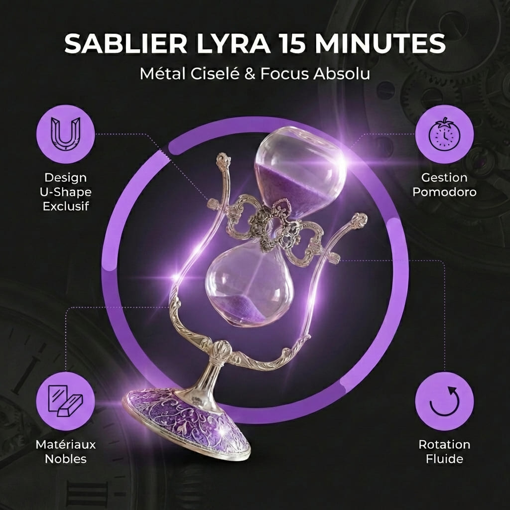 Infographie du Sablier LYRA 15 Minutes détaillant le design U-Shape, la rotation fluide et la gestion Pomodoro.